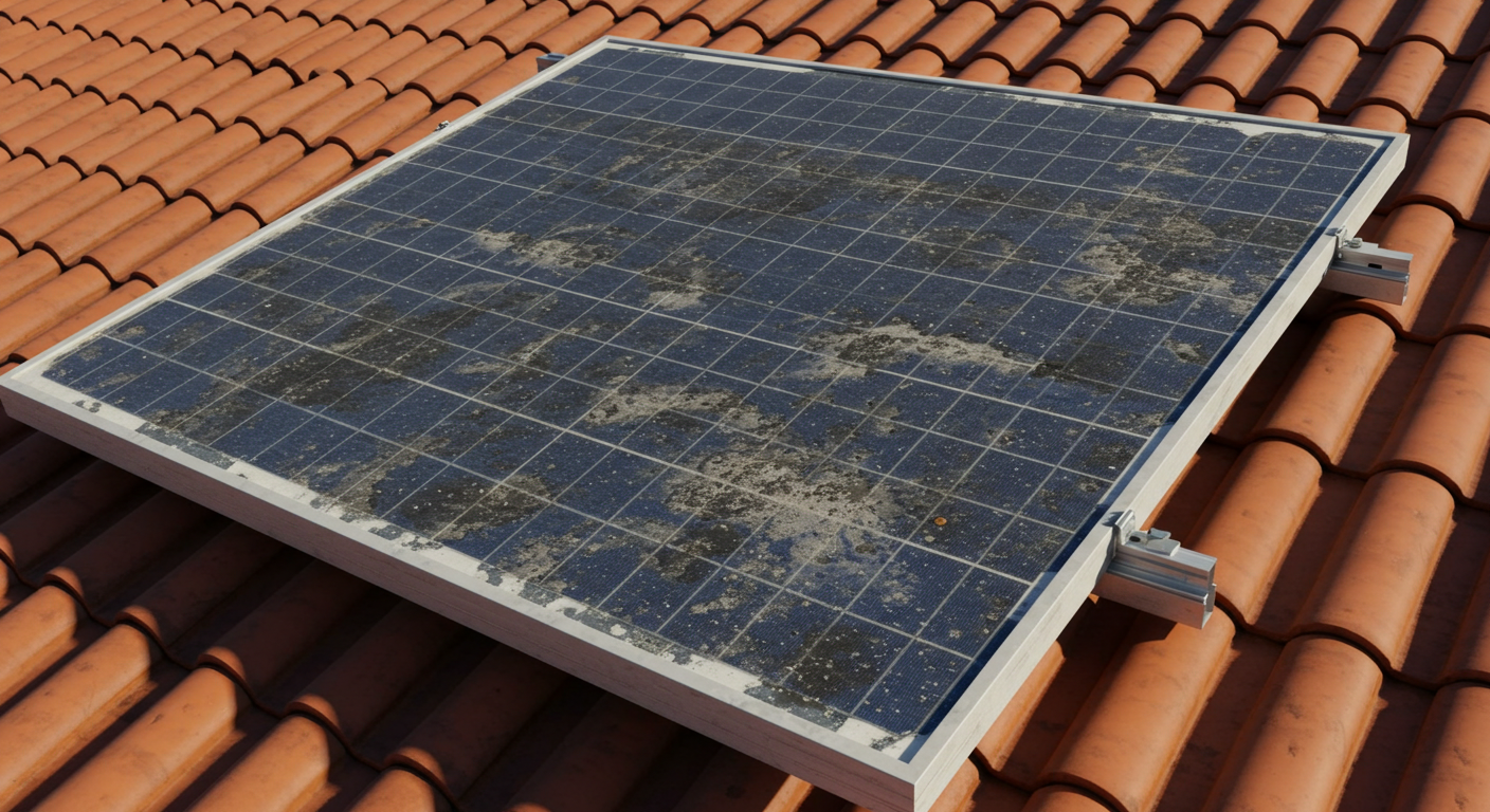 Painel solar antes da limpeza, coberto de poeira
